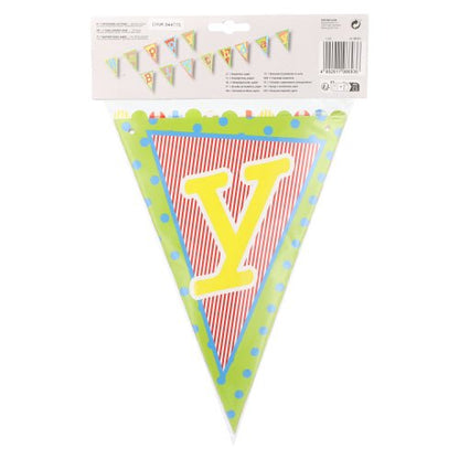 PAPSTAR GmbH "Happy Birthday" Pennant Chain: 4-meter-long banner with red and white stripes, yellow lettering, and colorful borders—the perfect birthday decoration. Made of coated paper; 1 piece per package.