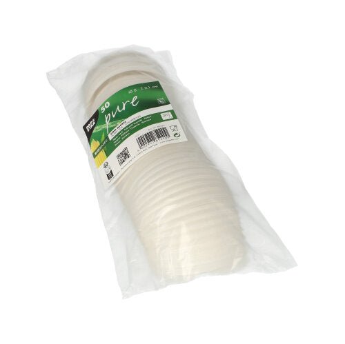 A package wrapped in clear plastic film containing 50 white, round C-PLA lids (2.1 cm high) from the PAPSTAR GmbH with the inscription “PAPSTAR“ features green-and-white branding with recycling symbols to represent eco-friendly solutions for serving beverages.