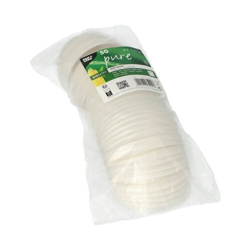 A stack of 50 white PAPSTAR C-PLA round lids (2.1 cm high) from the PAPSTAR GmbH, clearly labeled with recycling and composting symbols, offers an eco-friendly, biodegradable solution.