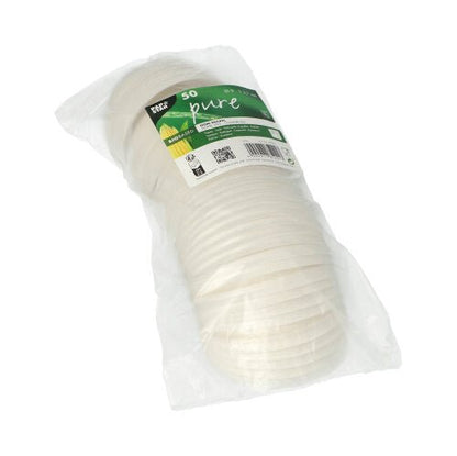 A stack of 50 white PAPSTAR C-PLA round lids (2.1 cm high) from the PAPSTAR GmbH, clearly labeled with recycling and composting symbols, offers an eco-friendly, biodegradable solution.