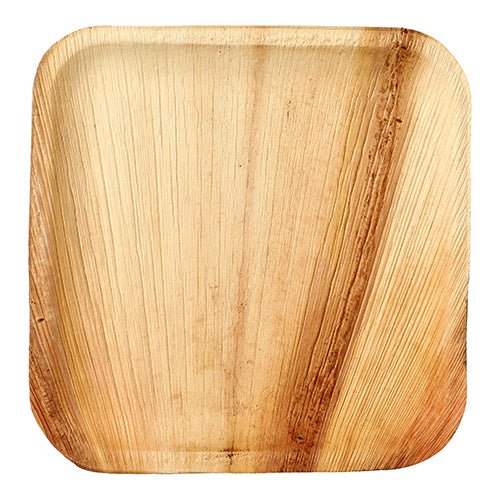 The PAPSTAR 25 plate palm leaf "pure" from PAPSTAR GmbH is a square, light brown plate made of natural palm leaf with a unique grain and eco-friendly design – ideal for special occasions.