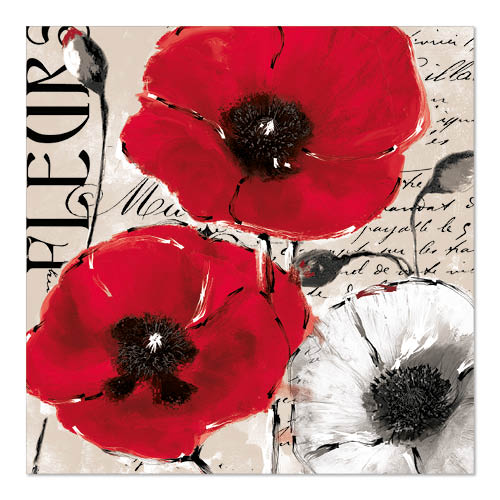 Ein Bild mit drei Mohnblumen - zwei rote, eine weiße - auf beigem Hintergrund mit kursiver Schrift und "FLEURS" an der Seite, perfekt für PAPSTAR 20 Servietten, 33x33 cm, 3lagig 1/4-Falz Design Set 5 von PAPSTAR GmbH.