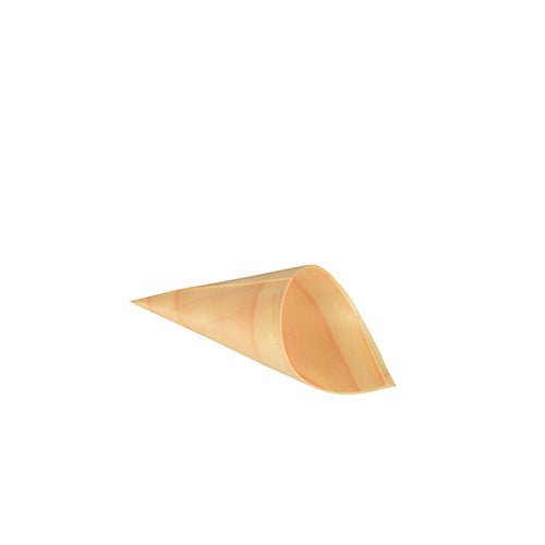 Eine einzelne hellbraune PAPSTAR 50 Fingerfood - Spitztüten, Holz „pure“ der PAPSTAR GmbH ist leer und horizontal vor einem schlichten weißen Hintergrund abgebildet.