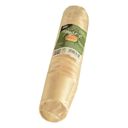 The PAPSTAR GmbH 50 finger food bowls "pure" round made of wood come plastic-wrapped, natural-colored and with a green label including barcode – eco-friendly, elegant, and ideal for finger food.