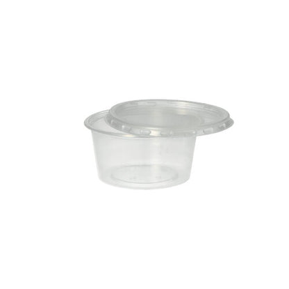Der Starpak 50 Dressingbecher, PP rund Ø 7,1 cm transparent, ist ein transparenter Polypropylenbecher mit Schnappdeckel – ideal für den Catering-Service. Präsentiert auf schlichtem weißem Hintergrund.