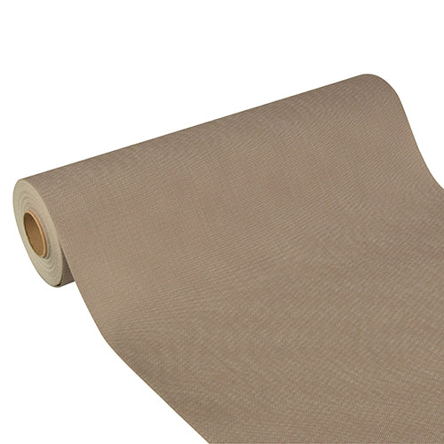 Der Starpak Tischläufer „Soft Selection Plus“ aus stoffähnlichem Vlies (24 m x 40 cm) in Beige ist teilweise auf weißem Untergrund ausgerollt – perfekt für festliche Anlässe.