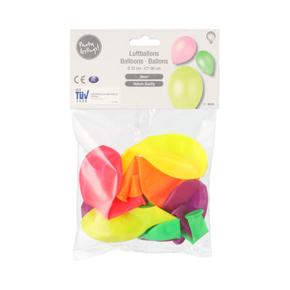 A transparent plastic bag with 10 colorful PAPSTAR balloons (Ø 25 cm) from PAPSTAR GmbH in the colors yellow, orange, pink, green, and purple. The top packaging label shows balloon images and multilingual text.