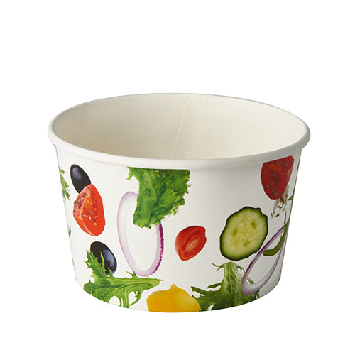 Die Starpak 50 Salatschalen Pappe „To Go“ (600 ml, Ø 12,5 cm x 7,5 cm) sind außen mit farbenfrohen Gemüsemotiven bedruckt. Dieses Set enthält 50 stabile Pappschalen, perfekt für Salate unterwegs. Die Schale ist leer auf weißem Hintergrund abgebildet.