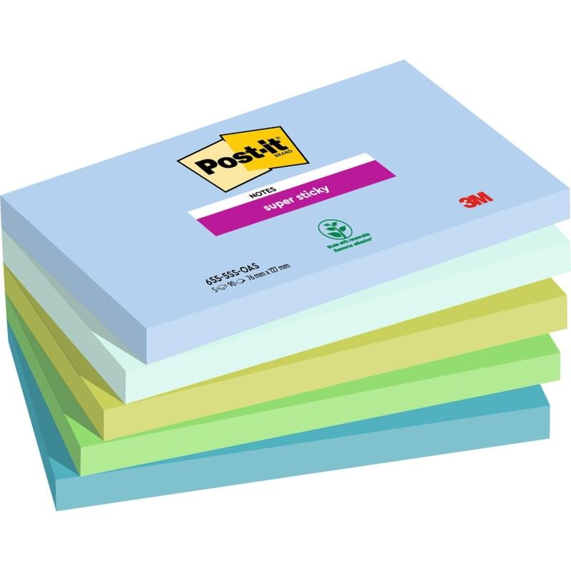 Ein Stapel von sechs Post-it® Super Sticky Notes, 76 mm x 127 mm, 90 Blatt pro Block, von 3M Deutschland GmbH, hergestellt aus 100% PEFC-zertifiziertem Papier in Pastellfarben wie Blau, Grün und Gelb.