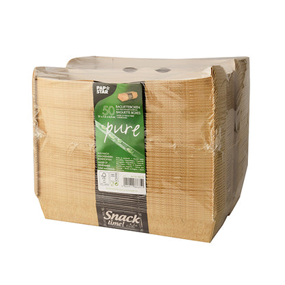 A stack of 50 PAPSTAR baguette boxes "pure", 6.5x7.5x21 cm, environmentally friendly from PAPSTAR GmbH is wrapped in shrink wrap - ideal for gastronomy needs and sustainable packaging.