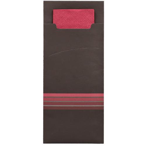 Ein dunkelbrauner PAPSTAR 520 Bestecktaschen-Umschlag (20x8,5cm) der PAPSTAR GmbH mit einer passenden roten Serviette, die teilweise im Inneren sichtbar ist, weist an der Unterseite drei horizontale rote und graue Streifen auf.