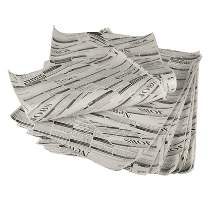 A stack of PAPSTAR wrapping papers, parchment substitute 35 cm x 25 cm greaseproof from PAPSTAR GmbH, messily arranged with “NEWS” and “JOBS” in black on white sheets.