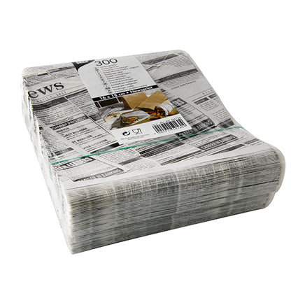 A package of 300 PAPSTAR hamburger bag parchment substitutes (16x18 cm) in "newspaper print" design, greaseproof and shrink-wrapped; ideal for various packaging needs. Brand: PAPSTAR GmbH.