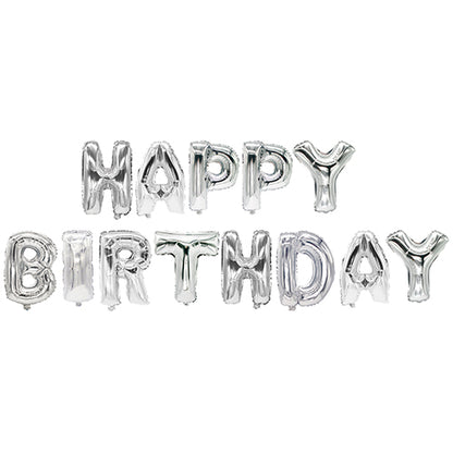 Silver metallic-PAPSTAR foil balloons from PAPSTAR GmbH form the lettering "Happy Birthday" in two rows on a white background - a festive set, perfect for any birthday celebration.
