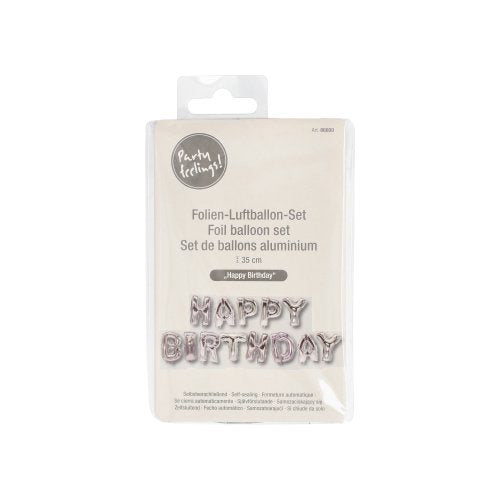 The PAPSTAR foil balloon set "Happy Birthday" from PAPSTAR GmbH consists of silver balloons and is ideal for any birthday party. The set is packaged on a white card with multilingual details and a transparent plastic cover.