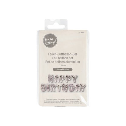 The PAPSTAR foil balloon set "Happy Birthday" from PAPSTAR GmbH consists of silver balloons and is ideal for any birthday party. The set is packaged on a white card with multilingual details and a transparent plastic cover.