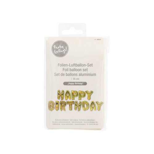 The "Happy Birthday" foil balloon set from PAPSTAR GmbH is sealed with golden letter balloons, multilingual packaging, and a transparent hook - ideal for any birthday celebration.