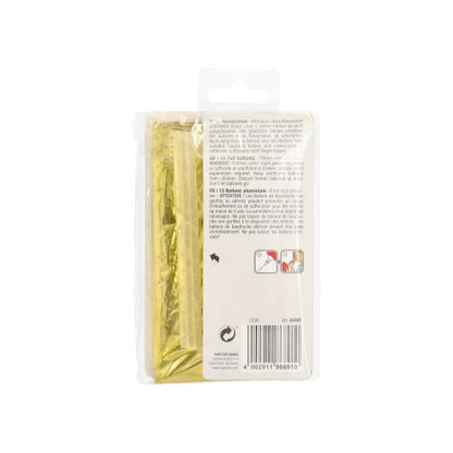 A rescue blanket packaged in a clear plastic bag with visible gold foil, reminiscent of a "Happy Birthday" foil balloon set from PAPSTAR GmbH, features instructions and a barcode on the back of the package.