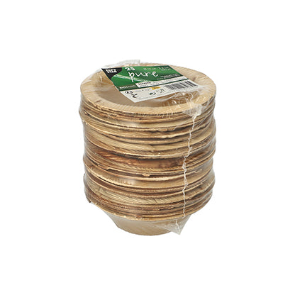 25 runde Palmblatt-Schalen der Marke PAPSTAR GmbH, Serie „pure“, in umweltfreundlicher Klarverpackung mit grün-weißem Etikett – perfekt für nachhaltige Events.