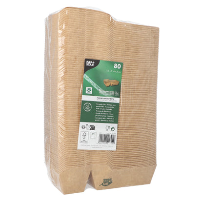 A stack of 80 brown, 2-fold PAPSTAR "pure" French fries trays is wrapped in clear foil; the front label of PAPSTAR GmbH displays product information, recycling symbols, and indicates that they are environmentally friendly and 100% fair.