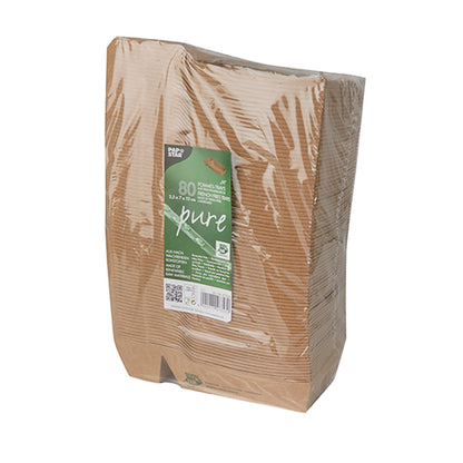 A stack of PAPSTAR 80 French fries trays "pure" (2-fold, brown, 100% Fair) of PAPSTAR GmbH, packed in clear foil with front label containing product info and environmental symbols.