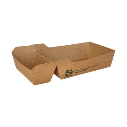 The PAPSTAR 80 French fries trays (cardboard "pure" 2-part, brown) of PAPSTAR GmbH are brown rectangular trays with a partition, slanted sides, raised edge, and side eco-label "100% Fair" made from recycled material.