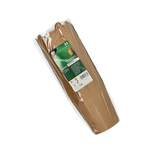 A sealed plastic package contains 25 PAPSTAR GmbH snack boxes, rectangular, brown, made of eco-friendly cardboard. Product information and branding are displayed on a green-and-white sticker.