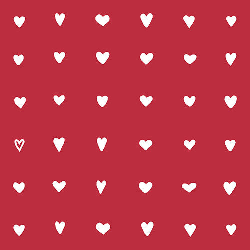 A grid of white hearts on red adorns the PAPSTAR GmbH napkins 1/4-fold, 33x33cm, heart design (50 pieces), with a contoured heart in the second row, first column amidst filled hearts.