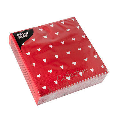 A pack of 50 PAPSTAR napkins 1/4-fold, 33x33 cm, in the beautiful heart design of PAPSTAR GmbH, comes in a transparent plastic packaging with the print "Collection" and "Pap Star".