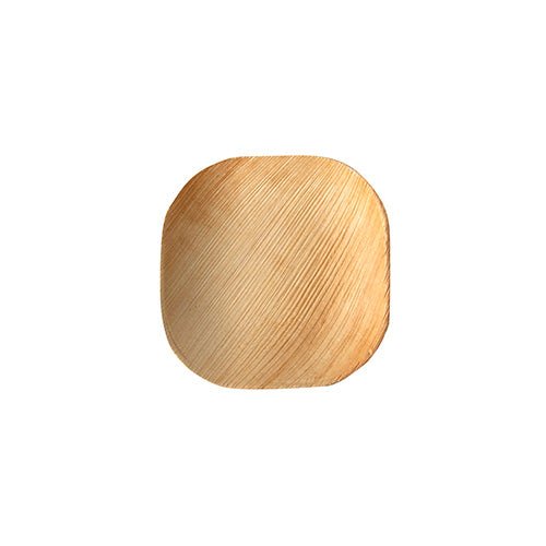 The PAPSTAR 25 plates palm leaf "pure" of PAPSTAR GmbH is a small, square plate with rounded edges made of light palm leaf. Its eco-friendly design impresses with its unique natural grain and is depicted on a plain white background.