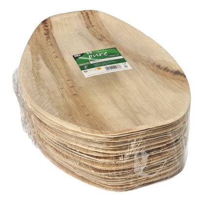A stack of PAPSTAR palm leaf trays "pure" oval (37x25 cm, 25 pieces), made from environmentally friendly palm leaf, by PAPSTAR GmbH, shrink-wrapped with a green-white label and product details.