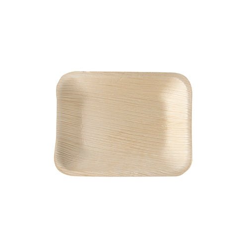 Das PAPSTAR 25 Tabletts, Palmblatt "pure" eckig der PAPSTAR GmbH ist ein rechteckiges, hellbraunes Palmblatttablett mit hochgezogenem Rand und strukturierter Oberfläche, von oben auf weißem Untergrund abgebildet.