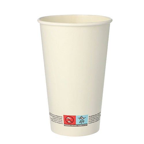 Der 50 Trinkbecher, Pappe 0,4 l der PAPSTAR GmbH ist ein hoher, schlichter weißer Einwegbecher mit Rollrand und mehrsprachig aufgedruckten Entsorgungshinweisen am Boden.
