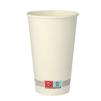 Der 50 Trinkbecher, Pappe 0,4 l der PAPSTAR GmbH ist ein hoher, schlichter weißer Einwegbecher mit Rollrand und mehrsprachig aufgedruckten Entsorgungshinweisen am Boden.