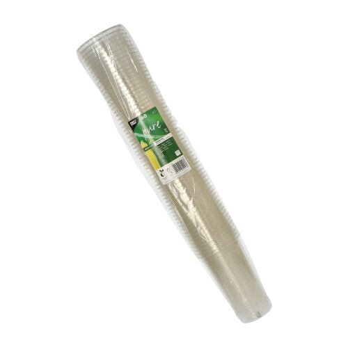 A 60-pack PAPSTAR PLA "pure" cold drink cups, crystal clear (Ø 9.5 cm, 15.14 cm), by PAPSTAR GmbH, biodegradable, stacked and packaged in transparent film with a green-and-white label.