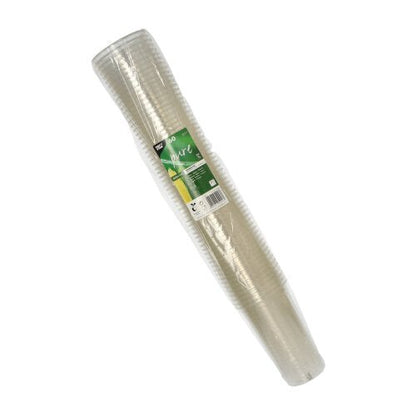A 60-pack PAPSTAR PLA "pure" cold drink cups, crystal clear (Ø 9.5 cm, 15.14 cm), by PAPSTAR GmbH, biodegradable, stacked and packaged in transparent film with a green-and-white label.