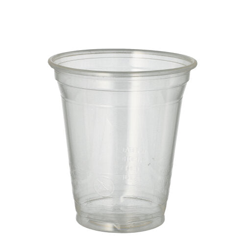 The PAPSTAR cold drink cup PLA "pure", crystal clear (Ø 9.5 cm, 70 pieces) from PAPSTAR GmbH is biodegradable, with a slightly flared rim and measurement markings, presented against a white background.