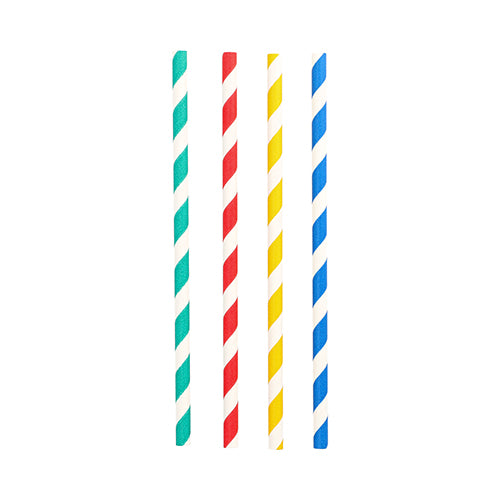 Five PAPSTAR 100 shake straws, paper Ø 8 mm (from PAPSTAR GmbH) in white and green, red, yellow, blue, and another yellow stripe are arranged vertically and evenly distributed on a white background.