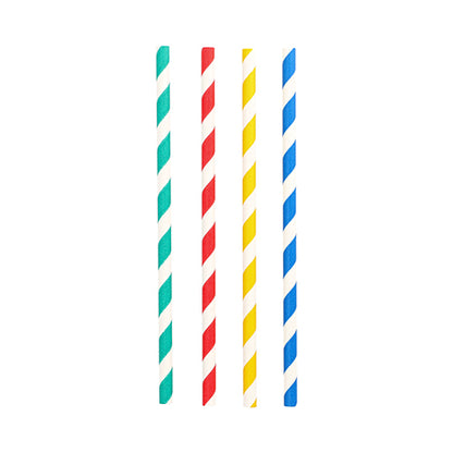 Five PAPSTAR 100 shake straws, paper Ø 8 mm (from PAPSTAR GmbH) in white and green, red, yellow, blue, and another yellow stripe are arranged vertically and evenly distributed on a white background.