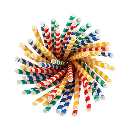 The PAPSTAR 100 shake straws made of paper (Ø 8 mm, FSC-certified) from PAPSTAR GmbH are sustainable, colorfully striped in red, yellow, green, and blue and arranged in a circle on a white background.