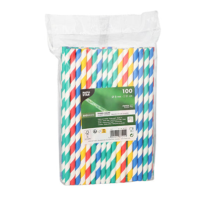 A transparent package with 100 PAPSTAR 100 shake straws, paper Ø 8 mm from PAPSTAR GmbH, with diagonal red, blue, green, and yellow stripes. The label shows product information and environmental symbols for FSC-certified materials.