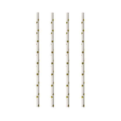 Vier PAPSTAR 100 Trinkhalme (Ø 6 mm) der PAPSTAR GmbH mit gelben Sternmustern sind senkrecht auf weißem Grund angeordnet.