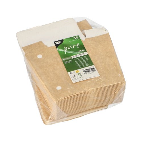 Ein klarer, in Kunststoff verpackter Stapel von 50 braunen PAPSTAR "pure" Pommes-Frites-Schütten aus umweltfreundlicher Pappe mit Klappdeckel, grün-weißem Etikett und Produktinfos der Marke PAPSTAR GmbH.