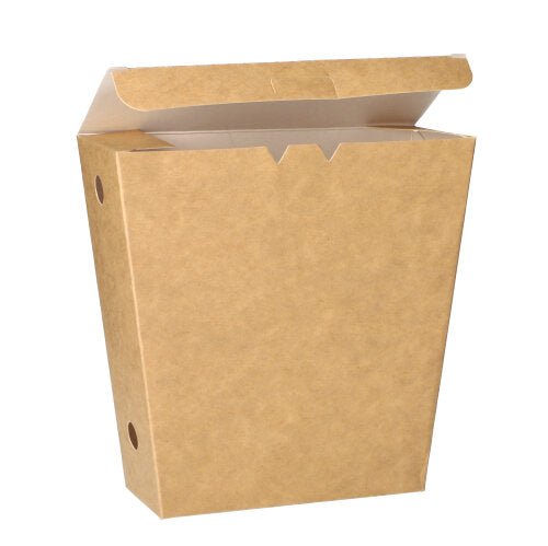 Eine PAPSTAR Pommes-Frites-Schütte "pure" in braun mit Klappdeckel, aus umweltfreundlichem Karton, teilgeöffnet und von vorne betrachtet vor weißem Hintergrund. Packung mit 50 Stück von PAPSTAR GmbH.