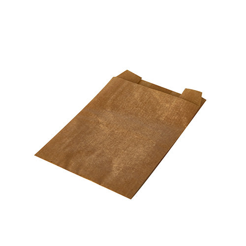 A PAPSTAR 1000 wrap bag (11 x 8 x 4 cm) from PAPSTAR GmbH made from sustainable materials lies unused, slightly tilted on a white background. The flat brown bag is equipped with two small tabs at the top.
