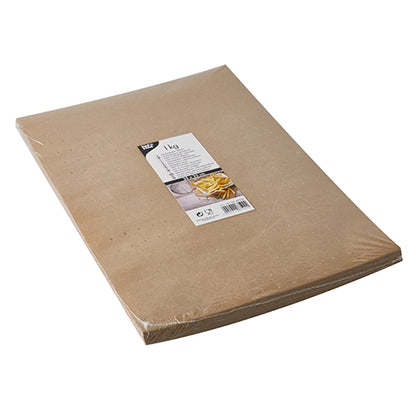 A stack of PAPSTAR wrapping papers, parchment substitute 35x25 cm greaseproof sheets from PAPSTAR GmbH in a plastic package with a white label featuring the brand, instructions, and a food image.