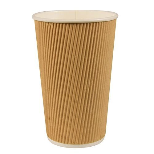 A PAPSTAR A Ripple Wall cardboard drinking cup (Ø 9 cm, 13.7 cm tall) with a brown, ribbed exterior and a white rim/interior stands upright against a white background.
