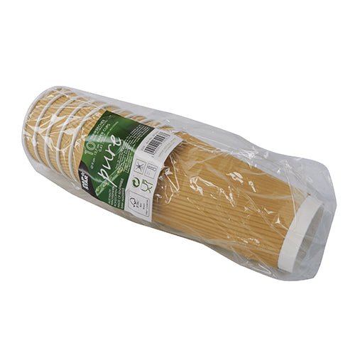A stack PAPSTAR GmbH Cardboard Drinking Cups (Ø 9 cm, 13.7 cm tall, Ripple Wall) in clear plastic wrap with a green-and-white product label; package contains 10 cups.