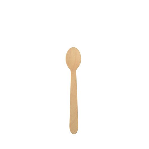 A single PAPSTAR "Pure" wooden spoon (11 cm) with a round bowl and straight handle, centered on a white background. Ideal for coffee and desserts, 10 pieces per bag, from PAPSTAR GmbH.