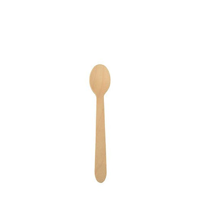 A single PAPSTAR "Pure" wooden spoon (11 cm) with a round bowl and straight handle, centered on a white background. Ideal for coffee and desserts, 10 pieces per bag, from PAPSTAR GmbH.
